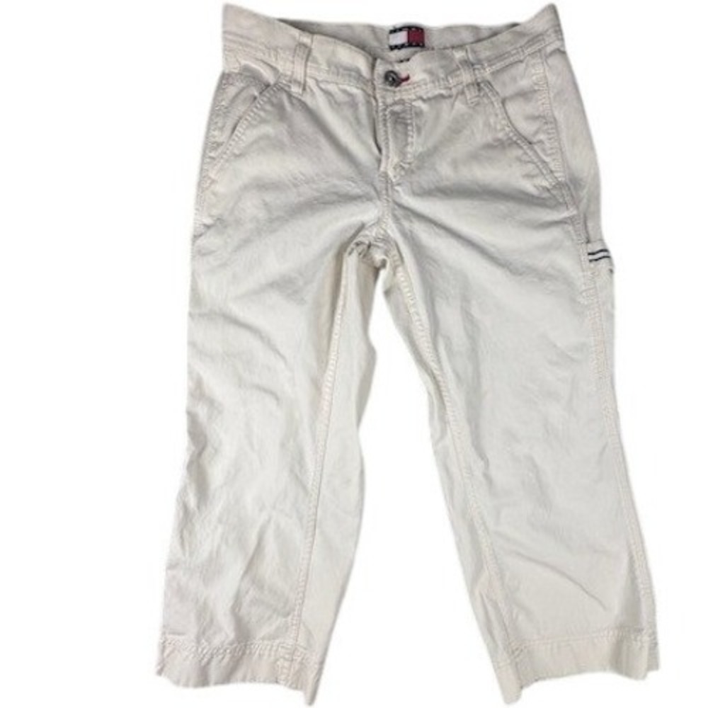 Tommy Jeans Carpenter Pants Womens 3 Cream Crop Utility Canvas Workwear Logo